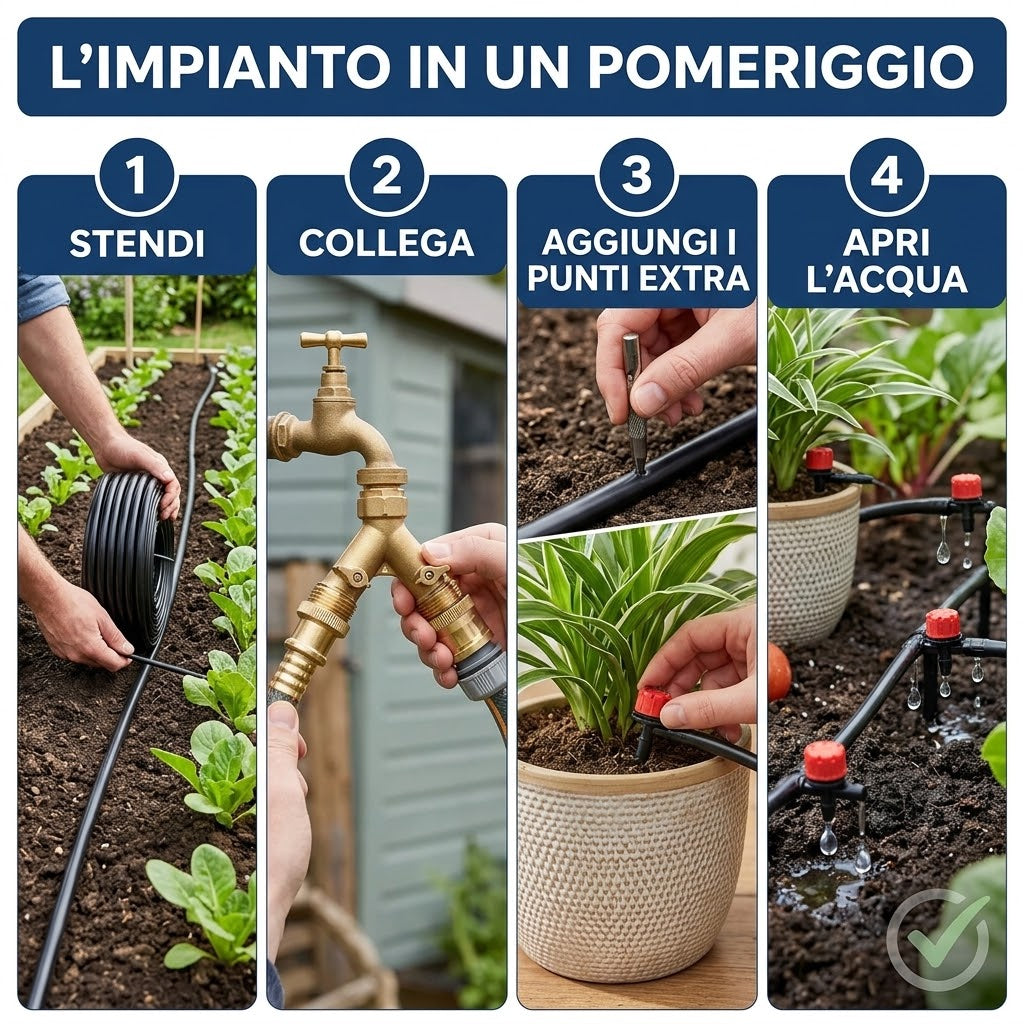Installazione del kit di irrigazione a goccia completo per orto in quattro semplici passaggi.