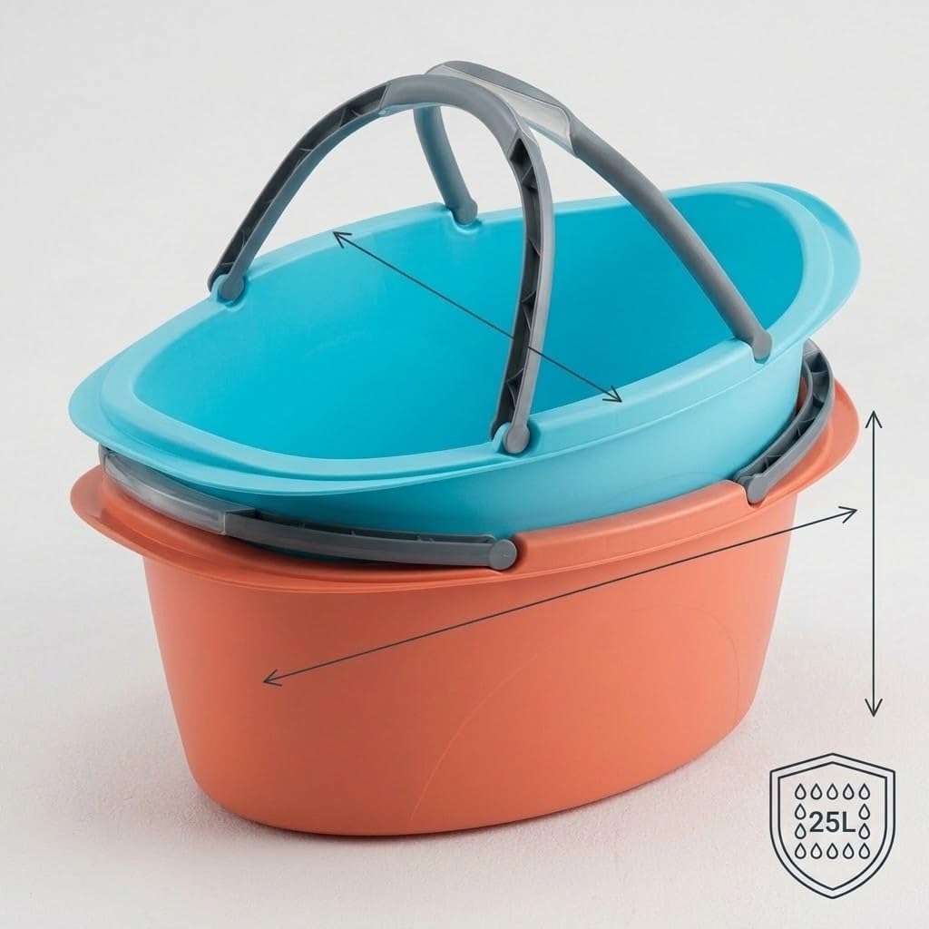 Set 2 Bacinelle Ovali 25 Litri 60x40x25 cm — Vasca in Plastica per Alimenti con Manici, per Bucato a Mano, Lavaggio Frutta e Verdura, Conserve, Campeggio e Casa — Made in Italy