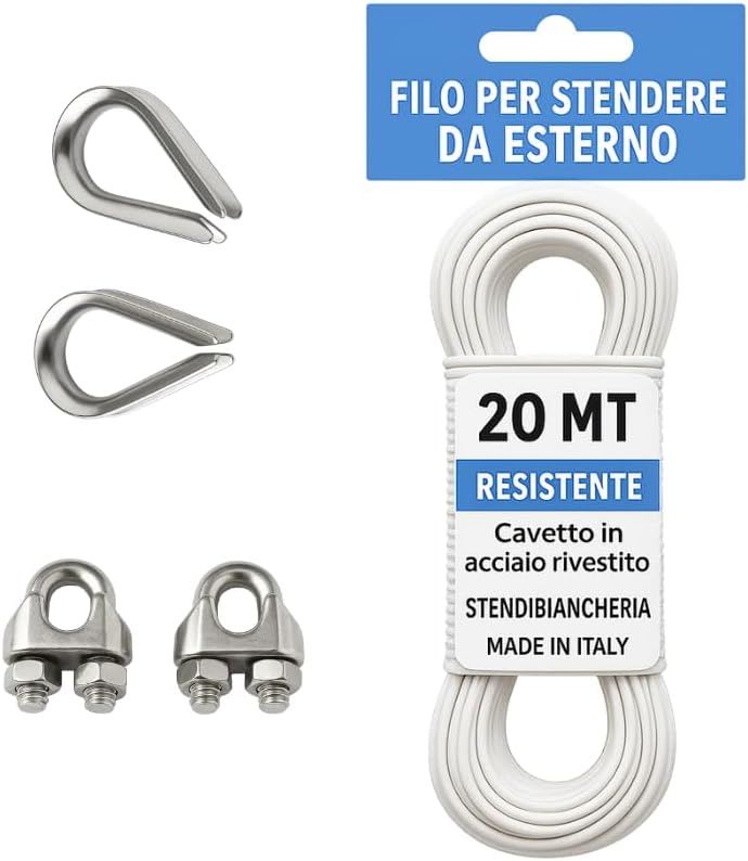 Filo per Stendere Bucato Esterno 20 m – Corda Acciaio Rivestita con 2 Moschettoni e 2 Redance – Robusto, Facile da Installare, Made in Italy – Ideale per Balconi, Terrazzi