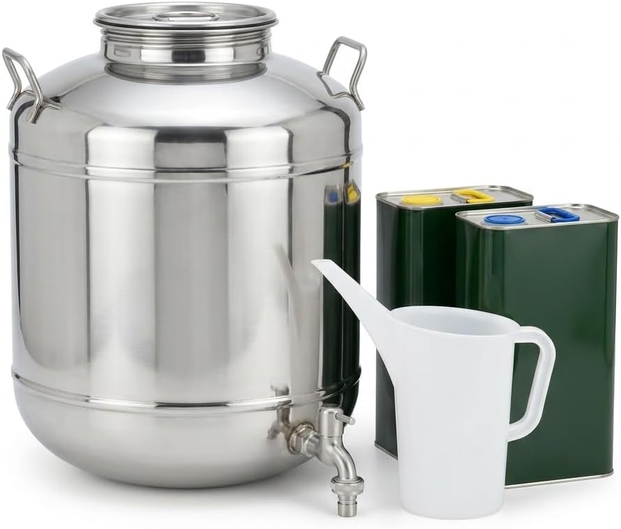 Kit Conservazione Olio Completo — Fusto in Acciaio Inox 18/10 AISI 304 da 30 Litri con Fondo a Pentola, Rubinetto Inox, Levaolio e 2 Lattine da 5 L con Tappo — Contenitore Olio Extravergine