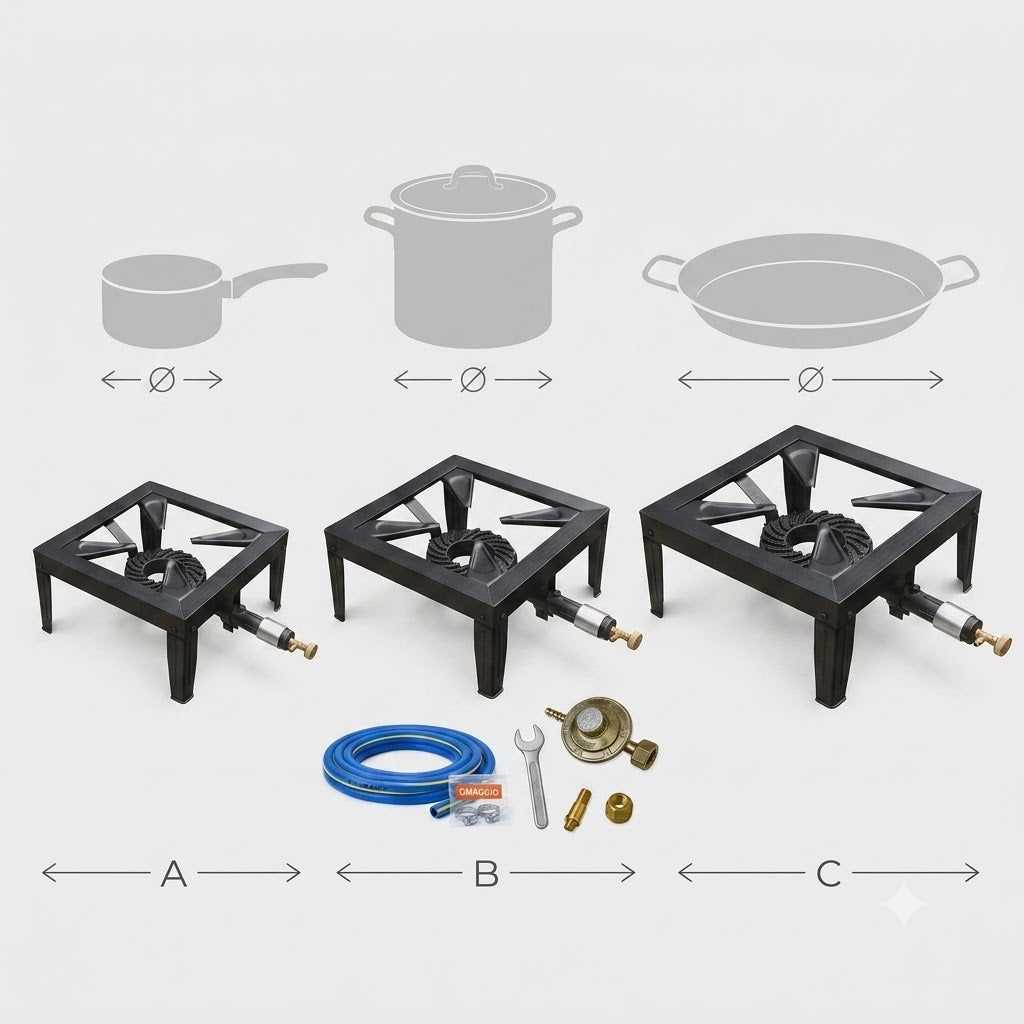 Fornellone a Gas in Acciaio Verniciato — Bruciatore in Ghisa 8,5 kW con Rubinetto di Regolazione, Kit Completo Tubo Gas 2 m + Regolatore + Adattatore, per Cucina all'Aperto