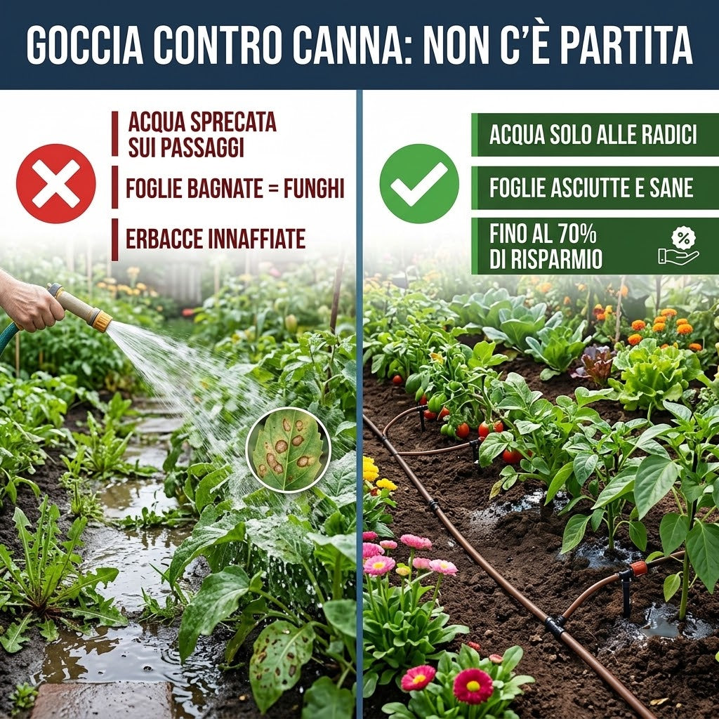 Goccia contro canna: irrigazione a goccia, benefici per l'orto, risparmio d'acqua e salute delle piante.