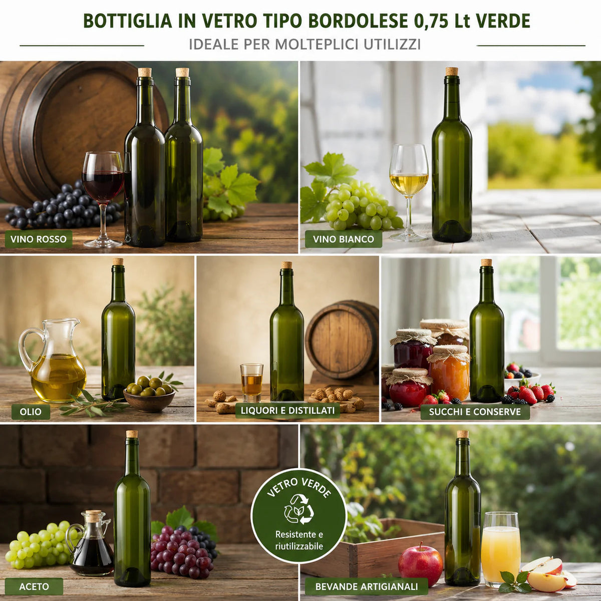 Bottiglia in Vetro per Vino Tipo Bordolese 0,75 Lt Verde con Tappo 6 Bottiglie