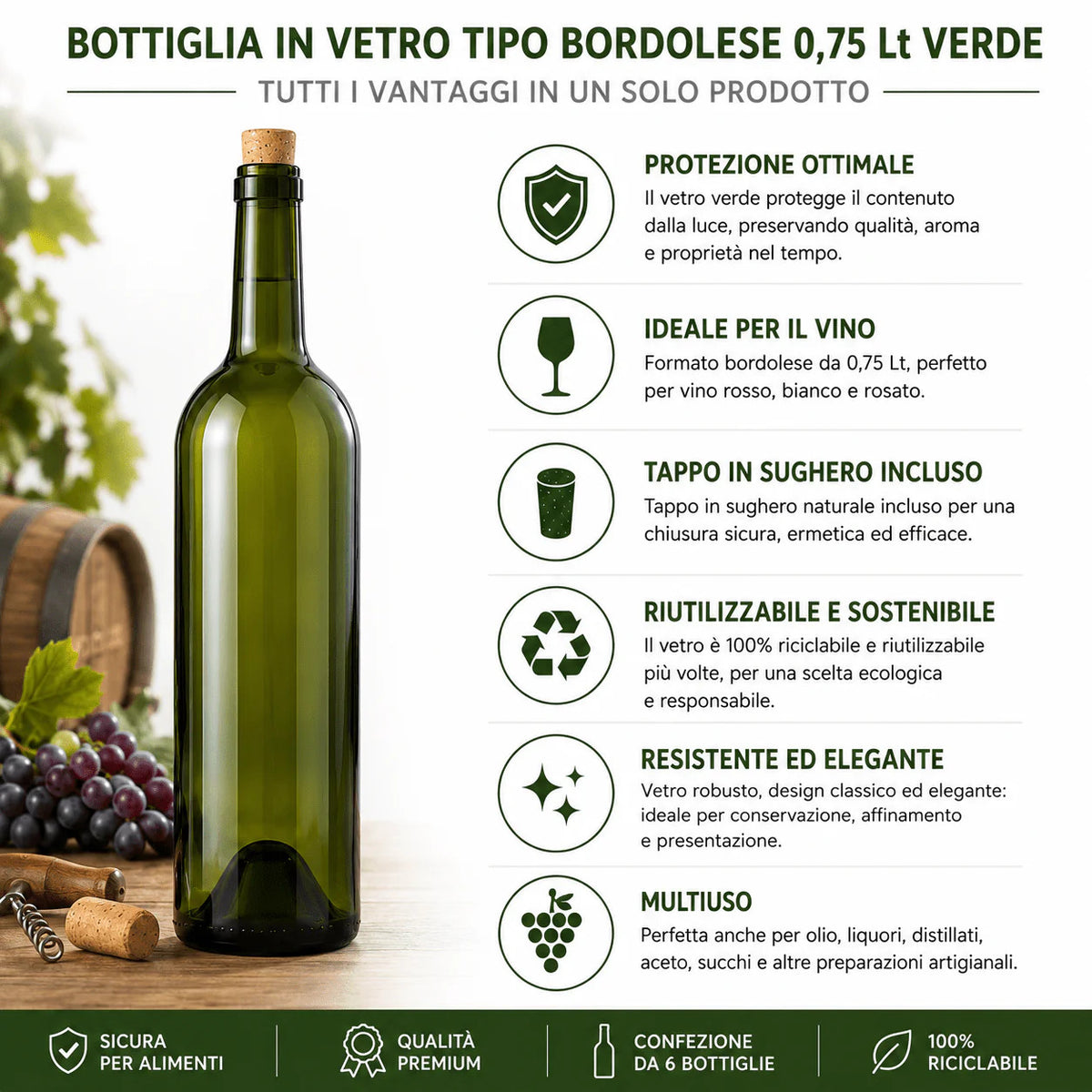 Bottiglia in Vetro per Vino Tipo Bordolese 0,75 Lt Verde con Tappo 6 Bottiglie