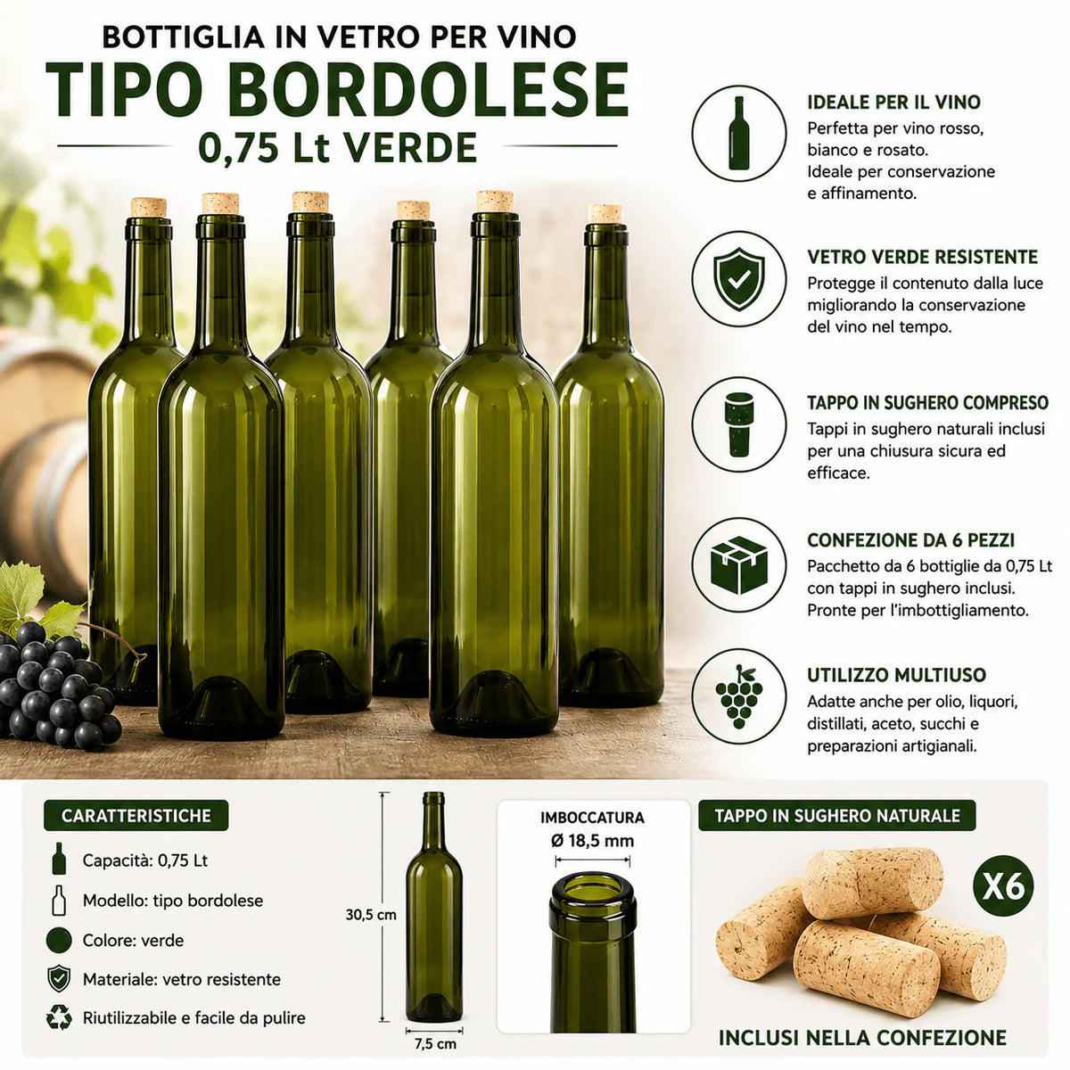 Bottiglia in Vetro per Vino Tipo Bordolese 0,75 Lt Verde con Tappo 6 Bottiglie