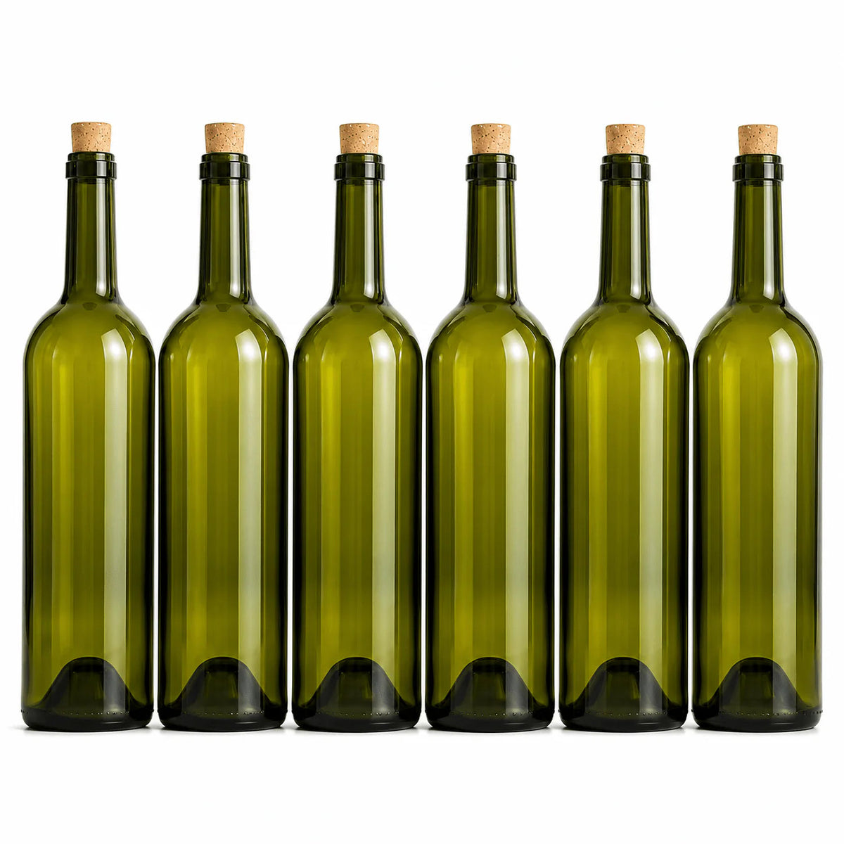 Bottiglia in Vetro per Vino Tipo Bordolese 0,75 Lt Verde con Tappo 6 Bottiglie
