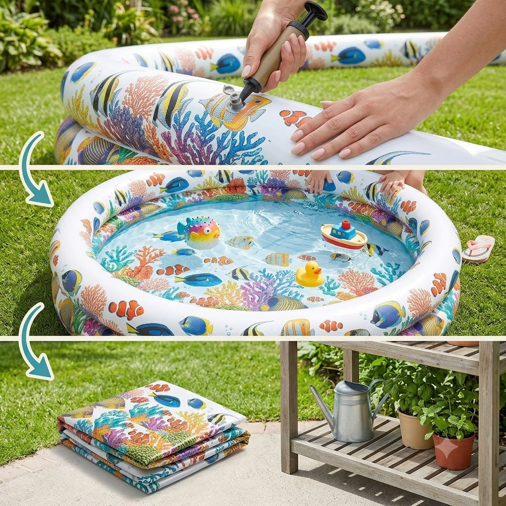 Piscina Gonfiabile Bambini Barriera Corallina 122x20 cm a 2 Anelli con Palla e Salvagente Inclusi — Piscinetta Gioco da Giardino e Terrazzo con Fantasia Pesciolini, per Bambini