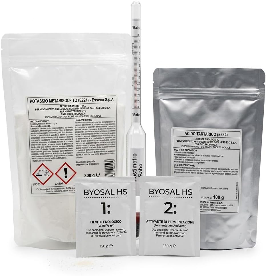 Kit Vendemmia Fermentazione Perfetta — Metabisolfito di Potassio 100 g, Lievito Selezionato con Attivante per 1 HL di Mosto, Acido Tartarico 100 g e Mostimetro di BABO — Kit Enologico per Vino