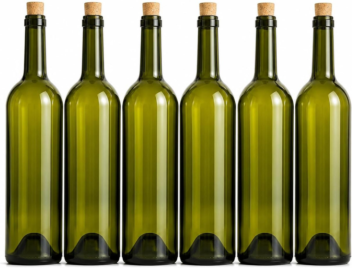 Bottiglia in Vetro per Vino Tipo Bordolese 0,75 Lt Verde con Tappo in Sughero Confezione 6 Bottiglie per Imbottigliamento Vino