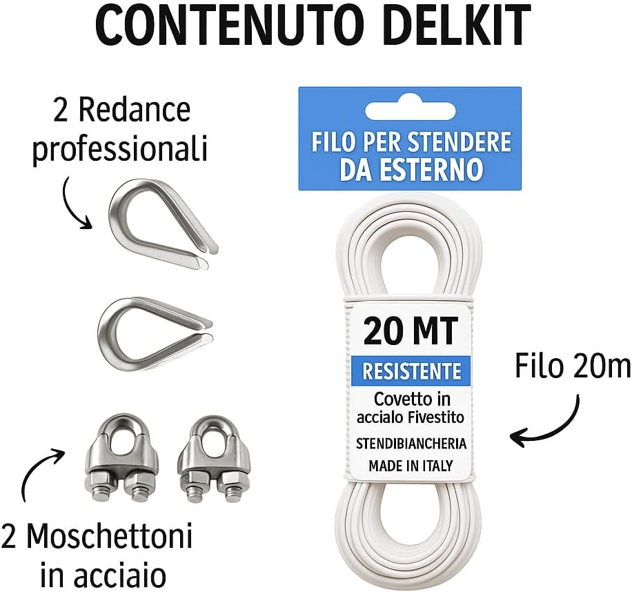 Filo per Stendere Bucato Esterno 20 m – Corda Acciaio Rivestita con 2 Moschettoni e 2 Redance – Robusto, Facile da Installare, Made in Italy – Ideale per Balconi, Terrazzi