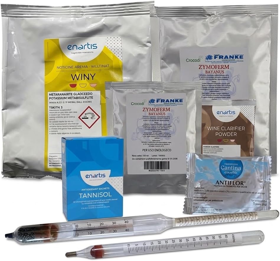 Lemag Kit Vendemmia Cantina Completa — Metabisolfito di Potassio, Lievito Selezionato con Attivante, Acido Tartarico, Chiarificante, 10 Bustine Tannisol, Mostimetro di BABO, Vinometro e Antiflor