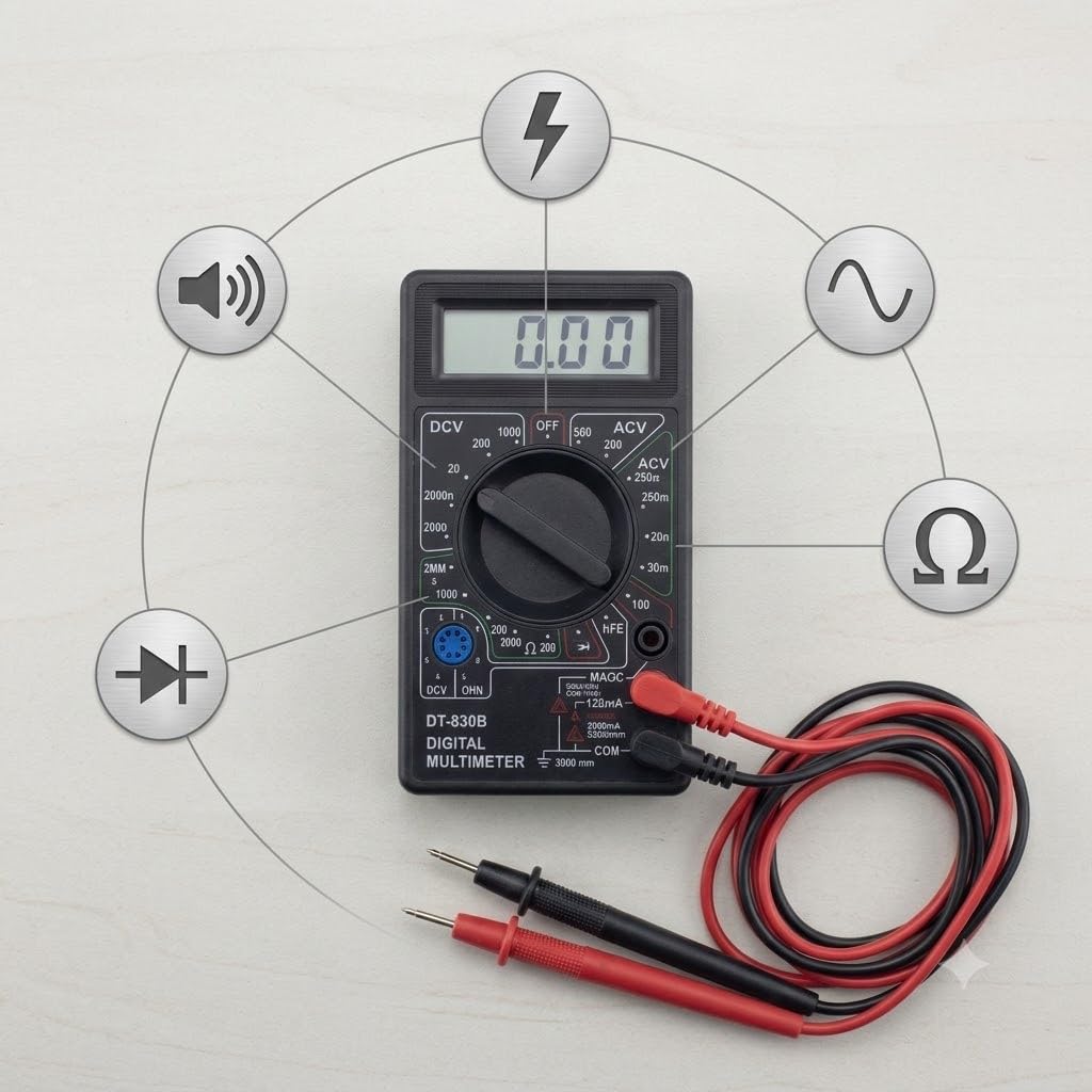 Multimetro Digitale — Tester Elettrico per Tensione AC/DC fino a 1000V, Corrente fino a 20A, Resistenza fino a 200 MΩ, Test Diodi e Continuità, Display Digitale, per Casa, Auto, Elettronica.