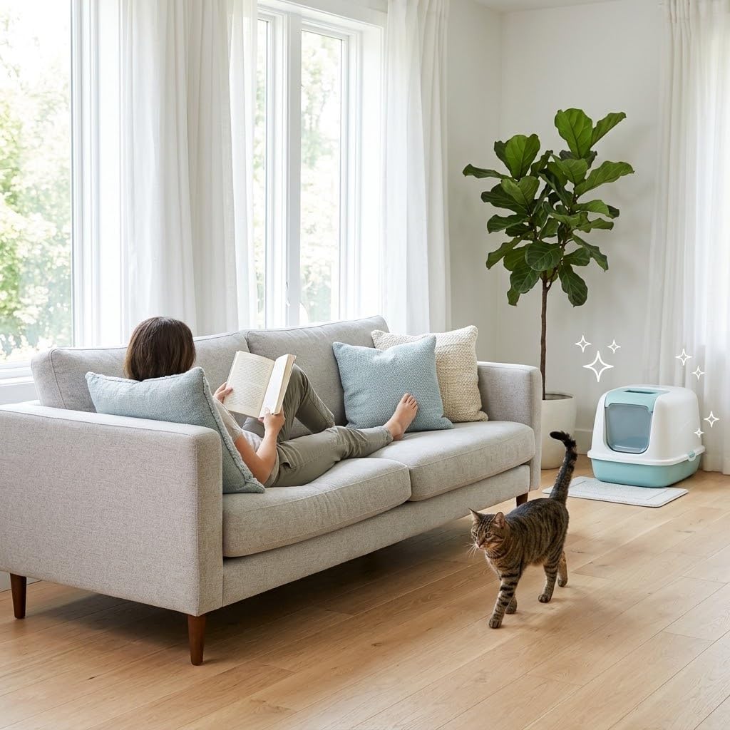 Igienizzante lettiera deodorante gatti in ambiente domestico con gatto e lettiera elegante.