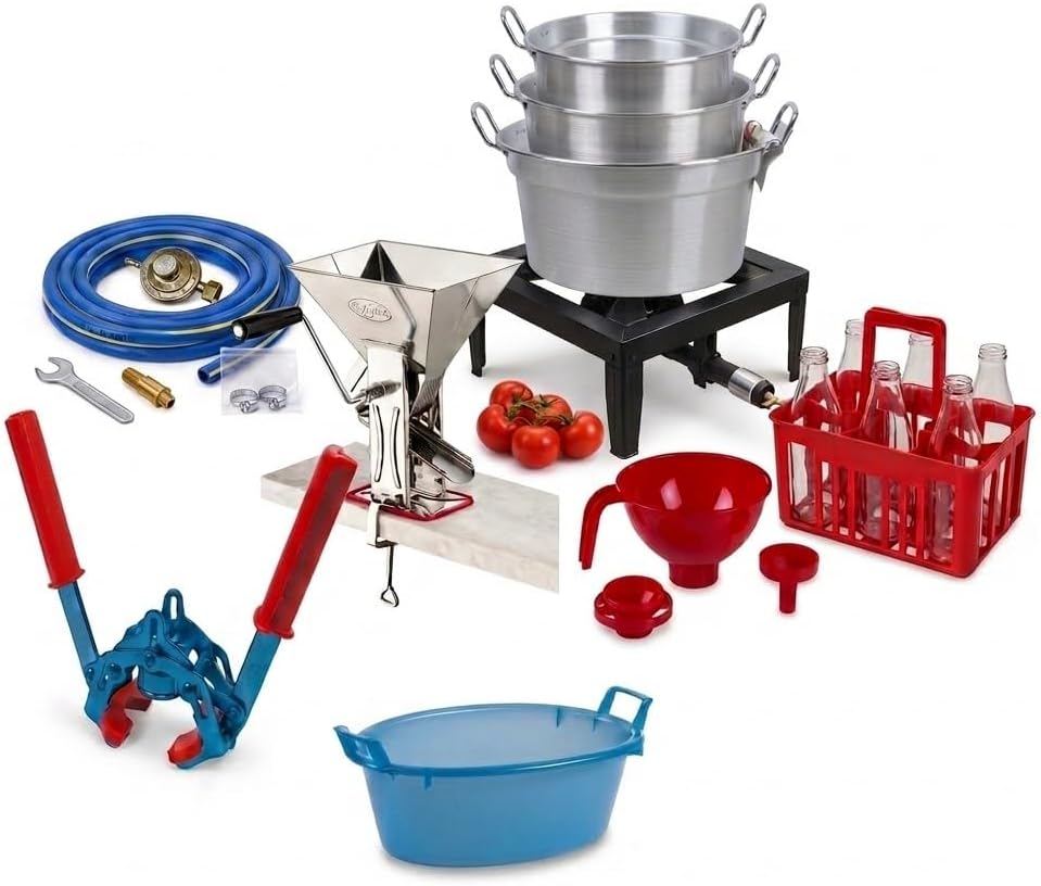 Kit Passata di Pomodoro con Fornellone a Gas 40x40 — 3 Caldaie con Coperchi, Tappatrice Tappi Corona, Imbuto, Cestello, Bagnarola, Fornello 8,5 kW con Tubo Gas 2 m, Regolatore, 2 Fascette