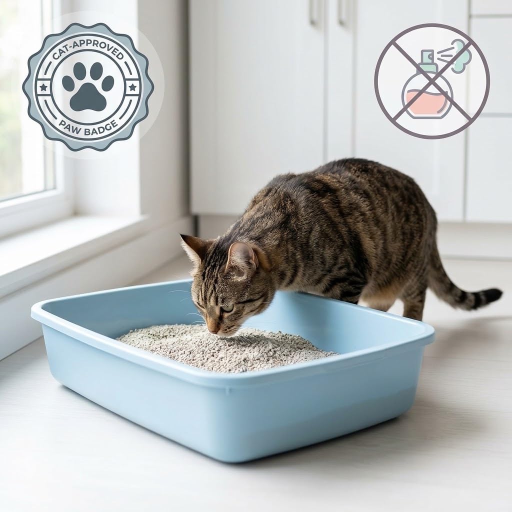 Igienizzante lettiera deodorante gatti con microrganismi, gatto che esplora la lettiera granulare.