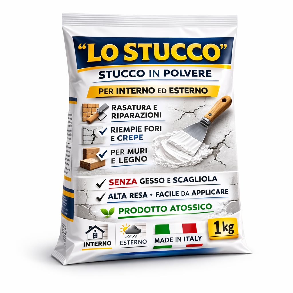 Stucco in Polvere “LO STUCCO” 1 Kg – Per Interno ed Esterno – Rasatura Intonaco, Riempimento Fori e Crepe – Atossico