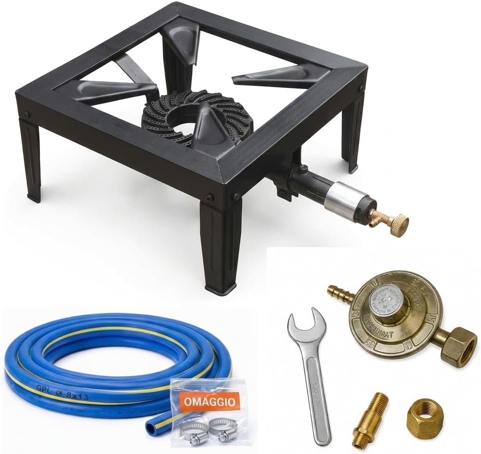 Fornellone a Gas in Acciaio Verniciato — Bruciatore in Ghisa 8,5 kW con Rubinetto di Regolazione, Kit Completo Tubo Gas 2 m + Regolatore + Adattatore, per Cucina all'Aperto