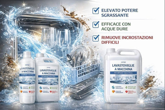 Detergente Lavastoviglie a Macchina per Impianti Industriali – Azione Sgrassante e Sequestrante per Acque Dure – Formato 1 L o 5 L – Uso Professionale con Dosatore – Lemag srl (5LT)
