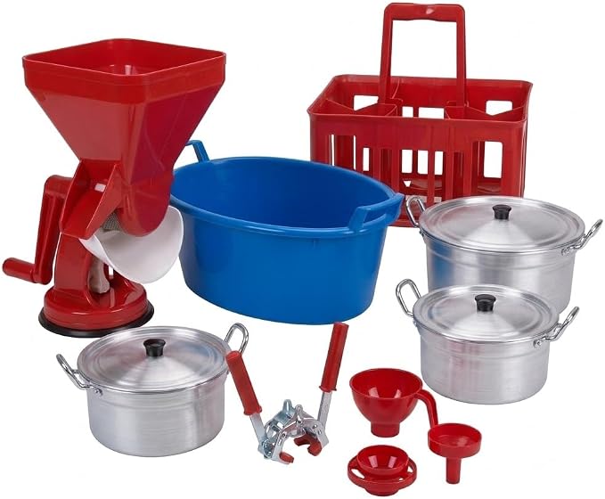 Kit Passata della Nonna Completo — Passapomodoro Gigante con Ventosa, 3 Caldaie Alluminio 20/24/28 con Coperchi, Tappatrice Tappi Corona, Imbuto, Cestello Portabottiglie e Bagnarola — 12 Pezzi