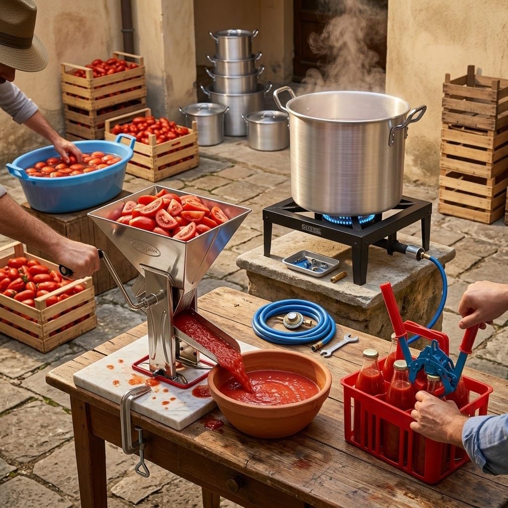 Kit Passata di Pomodoro con Fornellone a Gas 40x40 — 3 Caldaie con Coperchi, Tappatrice Tappi Corona, Imbuto, Cestello, Bagnarola, Fornello 8,5 kW con Tubo Gas 2 m, Regolatore, 2 Fascette