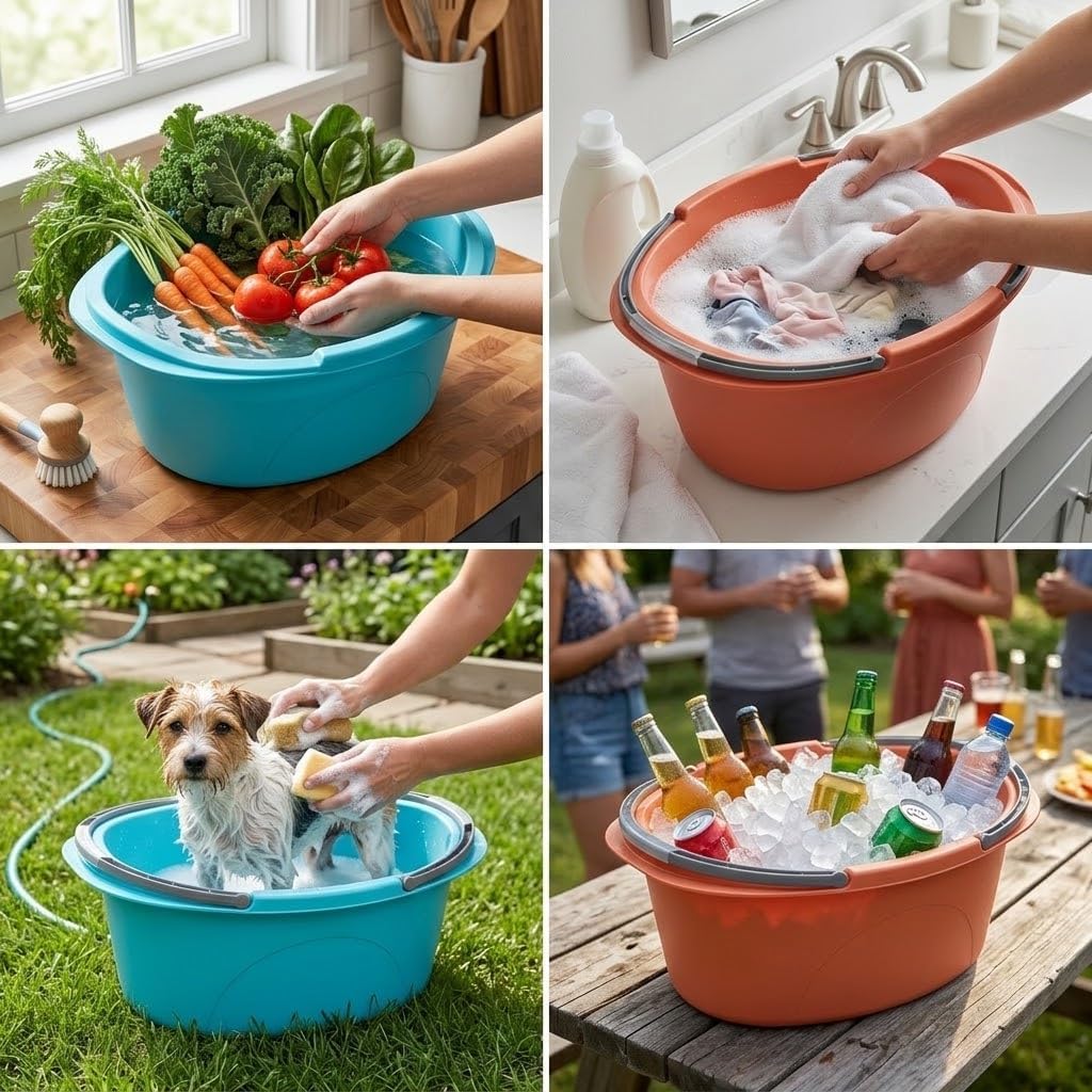 Set 2 Bacinelle Ovali 25 Litri 60x40x25 cm — Vasca in Plastica per Alimenti con Manici, per Bucato a Mano, Lavaggio Frutta e Verdura, Conserve, Campeggio e Casa — Made in Italy
