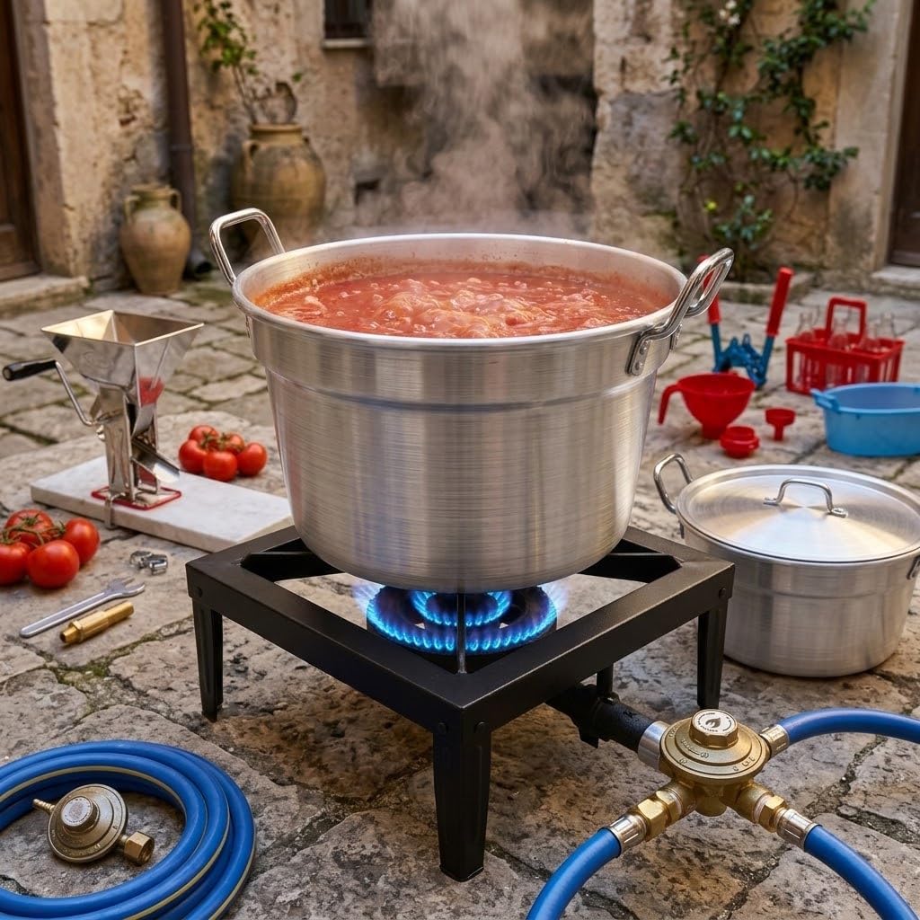 Kit Passata di Pomodoro con Fornellone a Gas 40x40 — 3 Caldaie con Coperchi, Tappatrice Tappi Corona, Imbuto, Cestello, Bagnarola, Fornello 8,5 kW con Tubo Gas 2 m, Regolatore, 2 Fascette