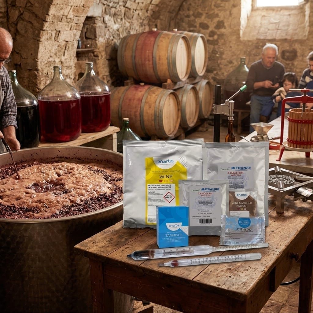Lemag Kit Vendemmia Cantina Completa — Metabisolfito di Potassio, Lievito Selezionato con Attivante, Acido Tartarico, Chiarificante, 10 Bustine Tannisol, Mostimetro di BABO, Vinometro e Antiflor