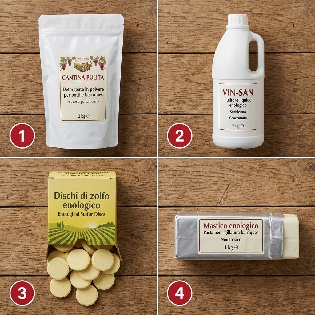 Kit Pulizia Cantina Pre-Vendemmia — Detergente per Botti e Damigiane 1 kg, Detergente Enologico Liquido 1 kg, Zolfo in Dischi Antigocciolante e Mastice per Botti 500 g