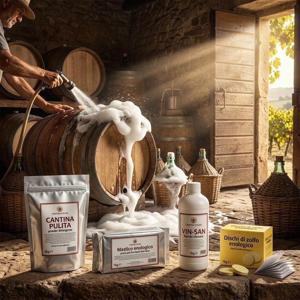 Kit Pulizia Cantina Pre-Vendemmia — Detergente per Botti e Damigiane 1 kg, Detergente Enologico Liquido 1 kg, Zolfo in Dischi Antigocciolante e Mastice per Botti 500 g