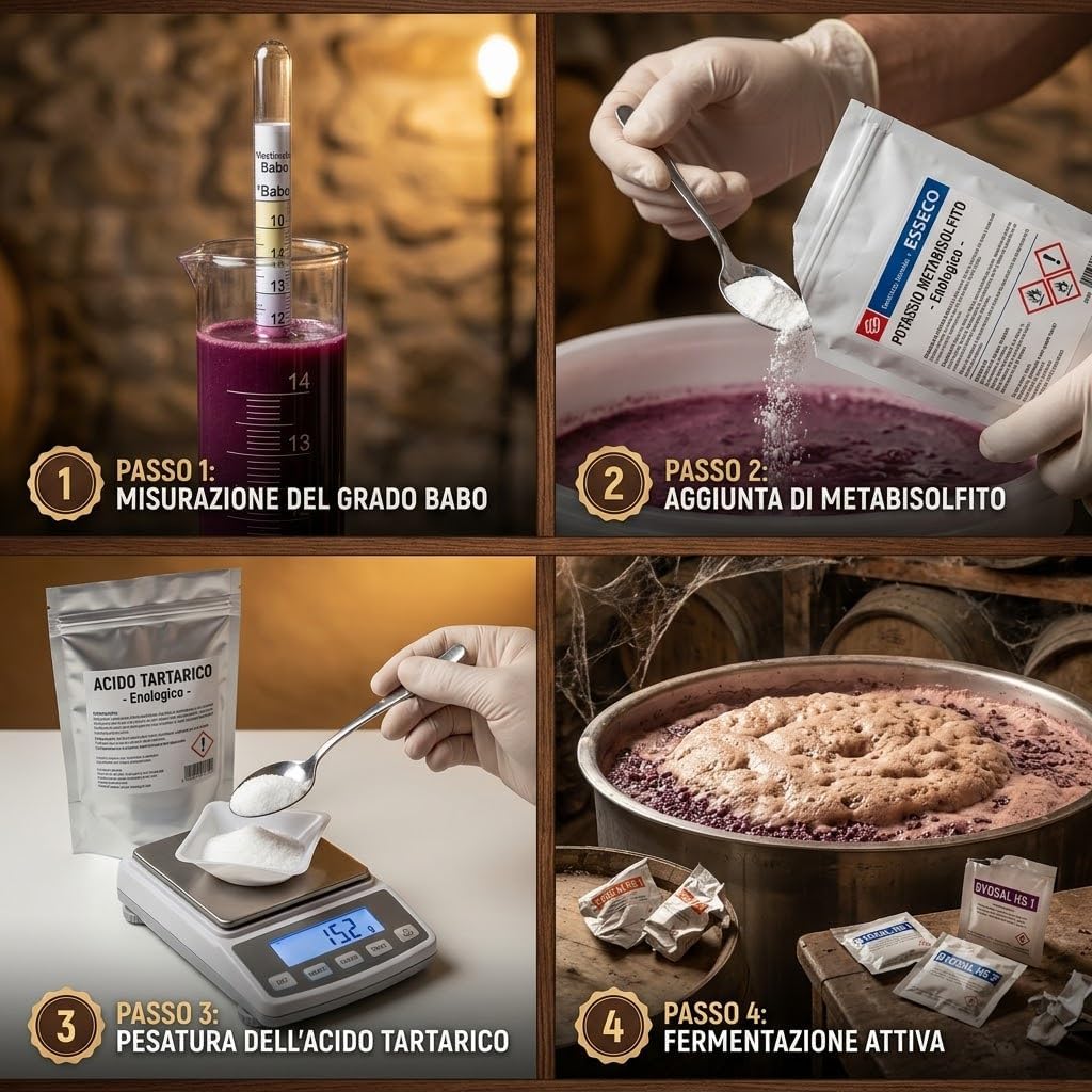 Kit Vendemmia Fermentazione Perfetta — Metabisolfito di Potassio 100 g, Lievito Selezionato con Attivante per 1 HL di Mosto, Acido Tartarico 100 g e Mostimetro di BABO — Kit Enologico per Vino