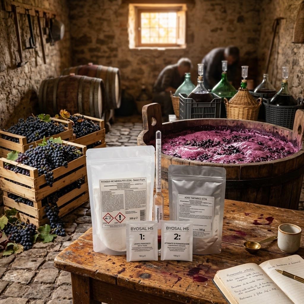 Kit Vendemmia Fermentazione Perfetta — Metabisolfito di Potassio 100 g, Lievito Selezionato con Attivante per 1 HL di Mosto, Acido Tartarico 100 g e Mostimetro di BABO — Kit Enologico per Vino