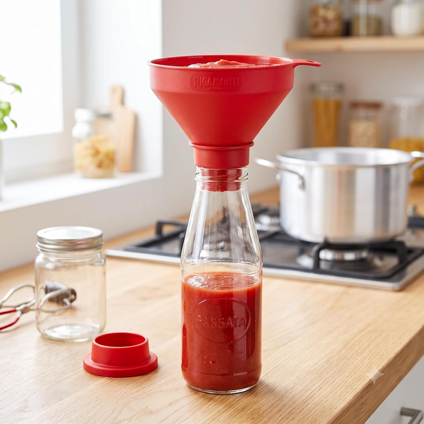 Kit Passata di Pomodoro 5 Pezzi — Passapomodoro Manuale Rigamonti con Ventosa, Caldaia in Alluminio Ø30 con Coperchio Made in Italy, Imbuto per Bottiglie con Riduttori e Bacinella 15 L