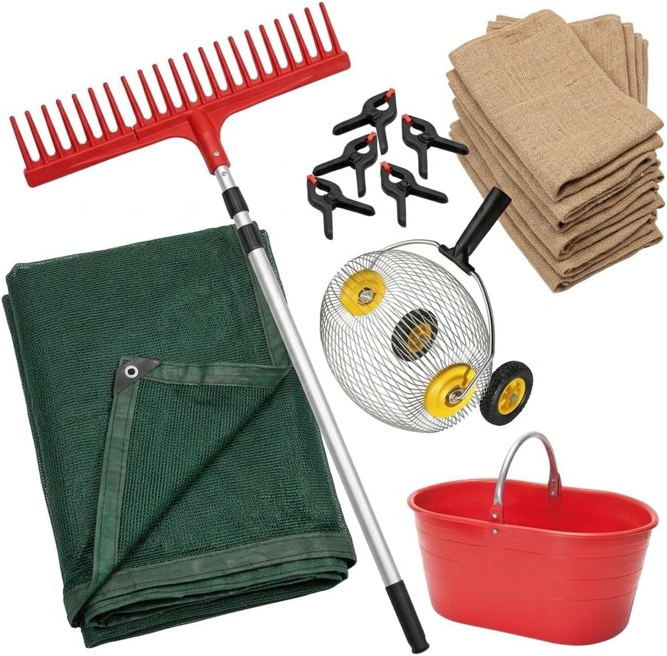 Kit raccolta olive Pro con rete antispina 8x10 m, scopa telescopica, raccoglitore, cesta e sacchi juta