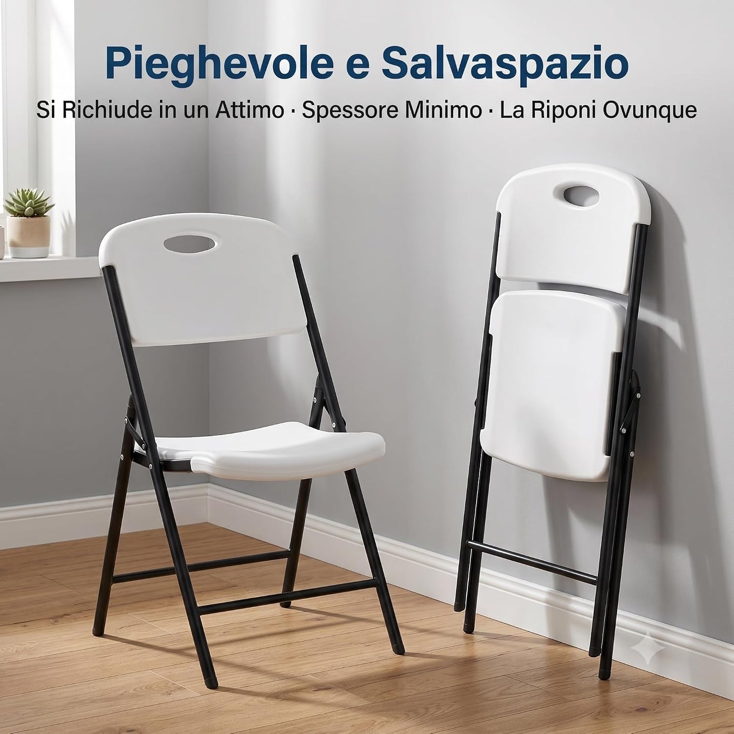 Sedia Pieghevole in Resina Bianca – Sedia Salvaspazio per Giardino Terrazzo Cucina ed Eventi – Resistente all'Acqua e Facile da Pulire – Comoda da Riporre e Trasportare – 45,6x51,5x79 cm