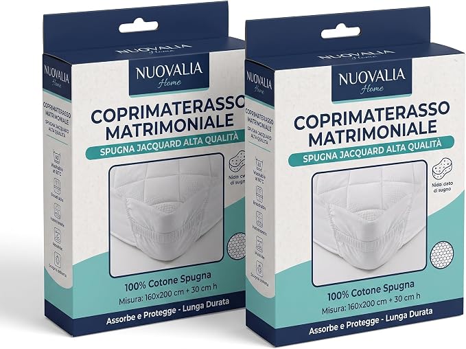 Set 2 Coprimaterasso Matrimoniale 180x200 cm in Spugna Jersey Jacquard – Coprimaterasso Elasticizzato con Angoli Maxi +25 Salvamaterasso Morbido e Traspirante – 2 Pezzi per il Cambio