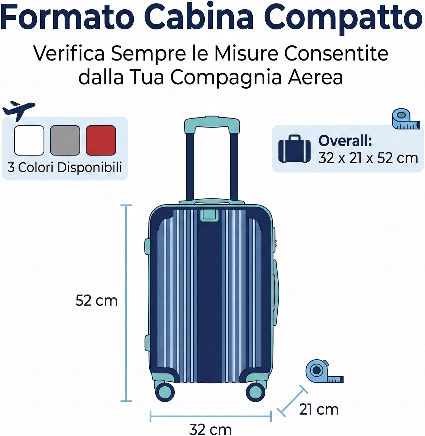 Lemag Trolley Cabina Rigido ABS 32x21x52 cm – Valigia Bagaglio a Mano con Ruote Removibili – Trolley da Viaggio Leggero e Resistente – Disponibile in Bianco, Grigio e Rosso
