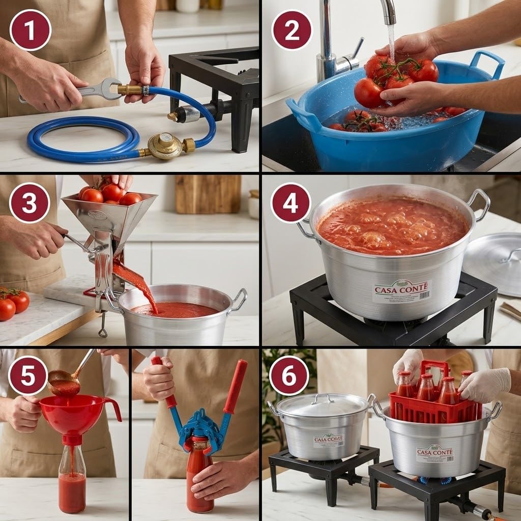 Kit Passata di Pomodoro con Fornellone a Gas 40x40 — 3 Caldaie con Coperchi, Tappatrice Tappi Corona, Imbuto, Cestello, Bagnarola, Fornello 8,5 kW con Tubo Gas 2 m, Regolatore, 2 Fascette