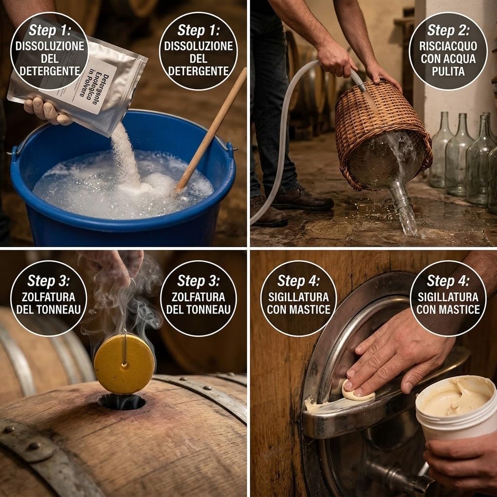 Kit Pulizia Cantina Pre-Vendemmia — Detergente per Botti e Damigiane 1 kg, Detergente Enologico Liquido 1 kg, Zolfo in Dischi Antigocciolante e Mastice per Botti 500 g