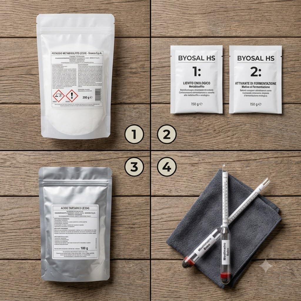 Kit Vendemmia Fermentazione Perfetta — Metabisolfito di Potassio 100 g, Lievito Selezionato con Attivante per 1 HL di Mosto, Acido Tartarico 100 g e Mostimetro di BABO — Kit Enologico per Vino