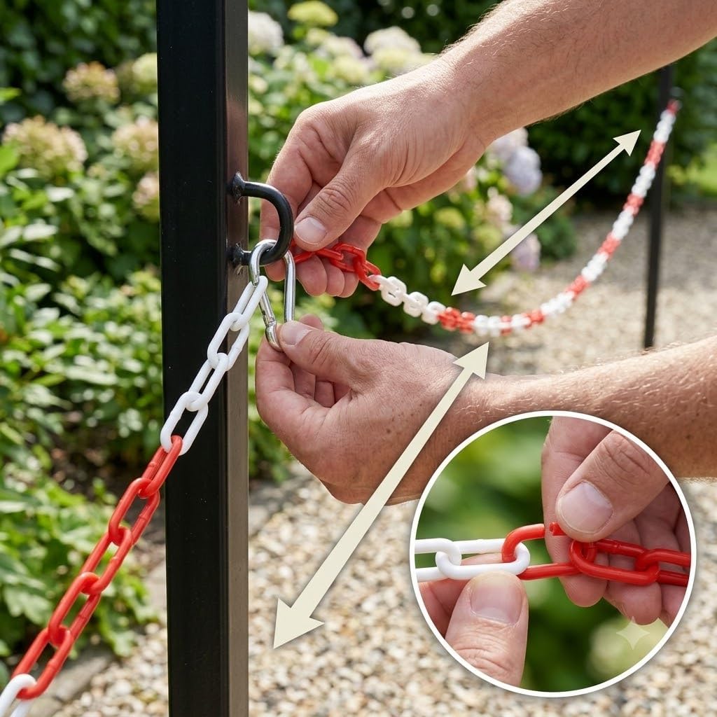 Installazione di una catena segnaletica in plastica bianca e rossa per la delimitazione di un'area esterna.