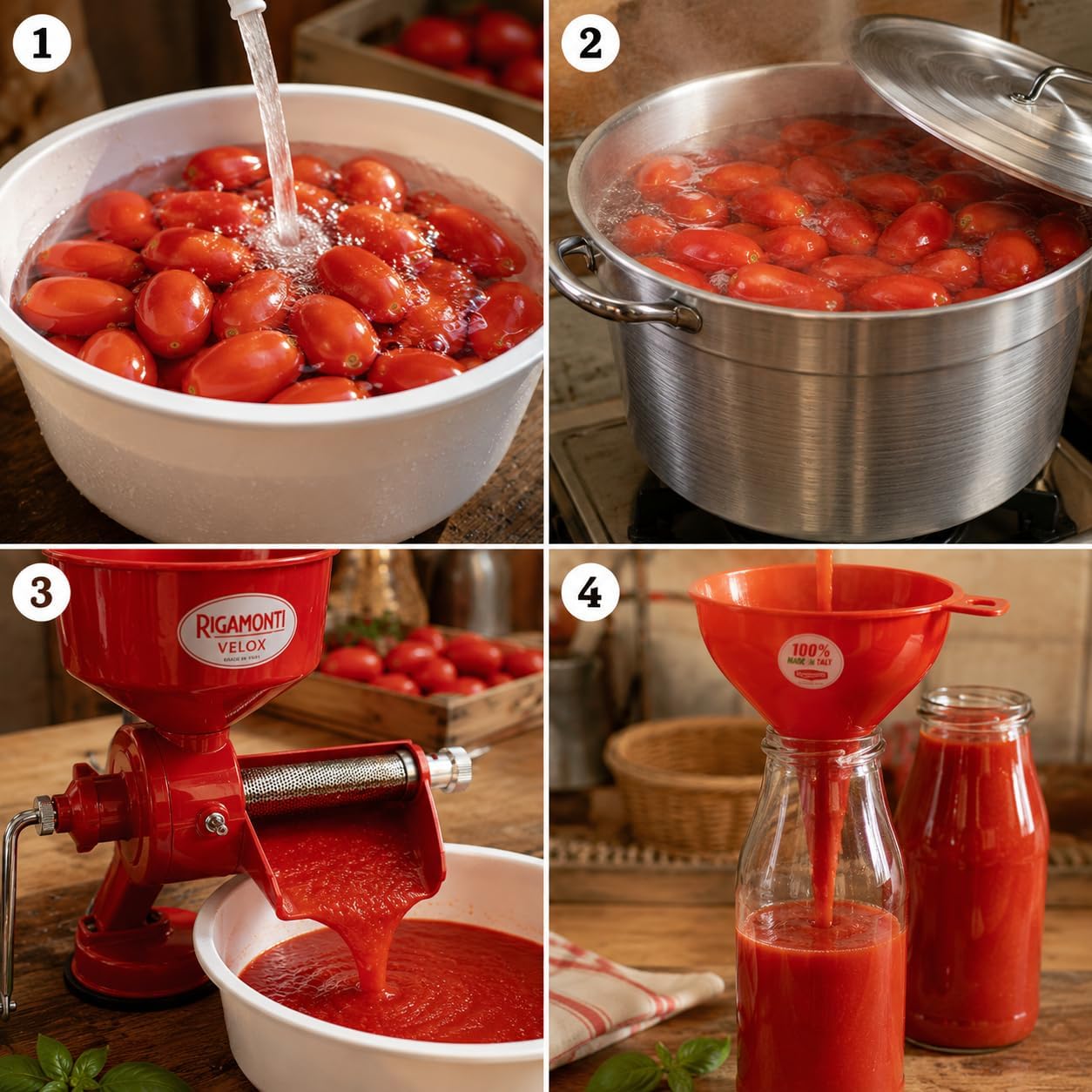 Kit Passata di Pomodoro 5 Pezzi — Passapomodoro Manuale Rigamonti con Ventosa, Caldaia in Alluminio Ø30 con Coperchio Made in Italy, Imbuto per Bottiglie con Riduttori e Bacinella 15 L