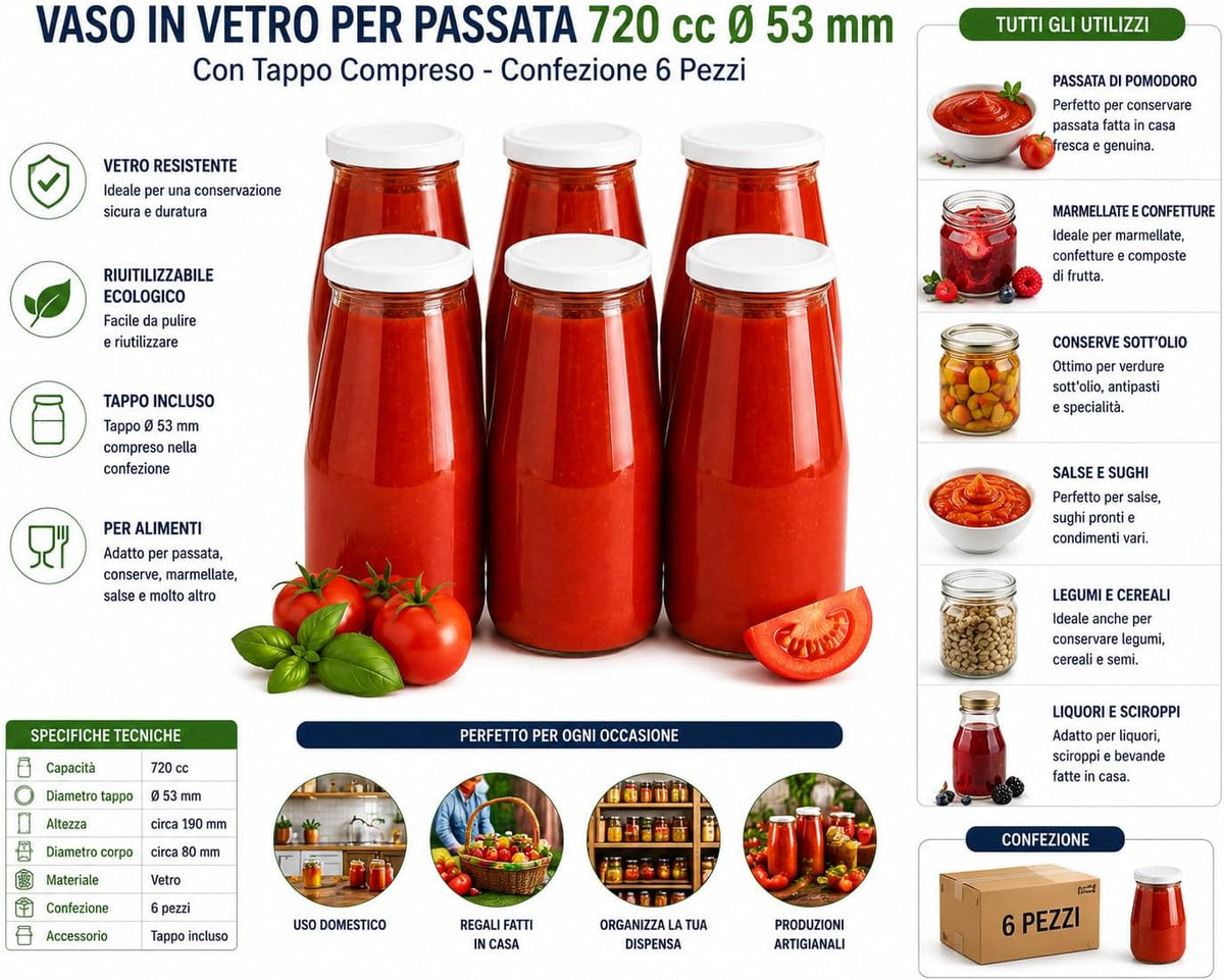 Vaso in Vetro per Passata 720 cc Ø 53 mm con Tappo Compreso Confezione 6 Pezzi Barattolo per Conserve Salsa Pomodoro Marmellata