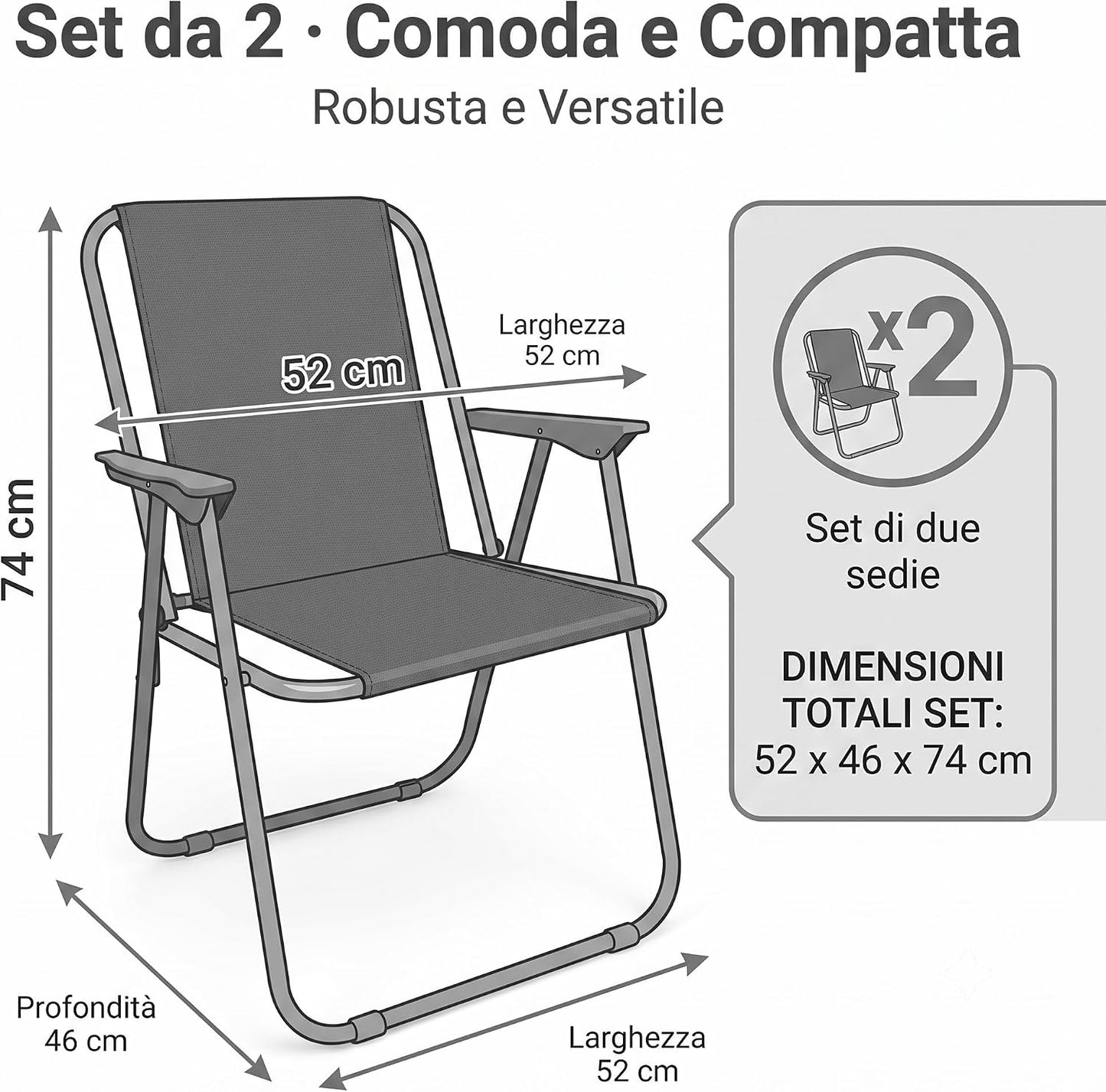 Set 2 Sedie Relax Grigio con Telaio in Acciaio e Tessuto in Poliestere – Sedie da Giardino Esterno Terrazzo e Campeggio – Comode e Robuste – Sedute per Relax Interno ed Esterno