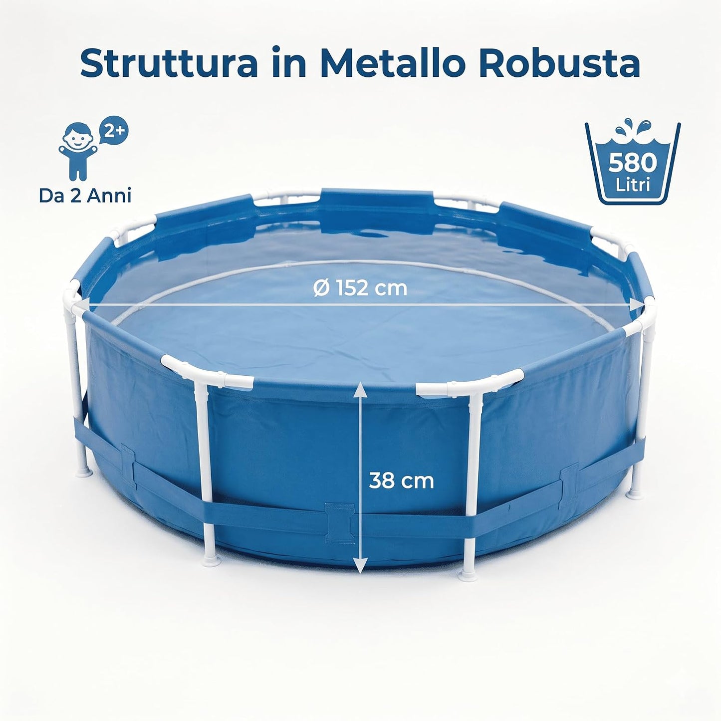 Piscina Frame Tonda per Bambini Ø 152x38h cm – Piscina Fuori Terra con Struttura in Metallo Robusta 580 L – Facile da Montare per Giardino e Terrazzo, da 2 Anni | Made in Italy