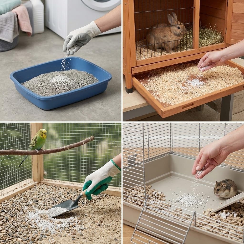 Igienizzante lettiera deodorante gatti in uso per diverse lettiere di animali, inclusi conigli, pappagalli e criceti.