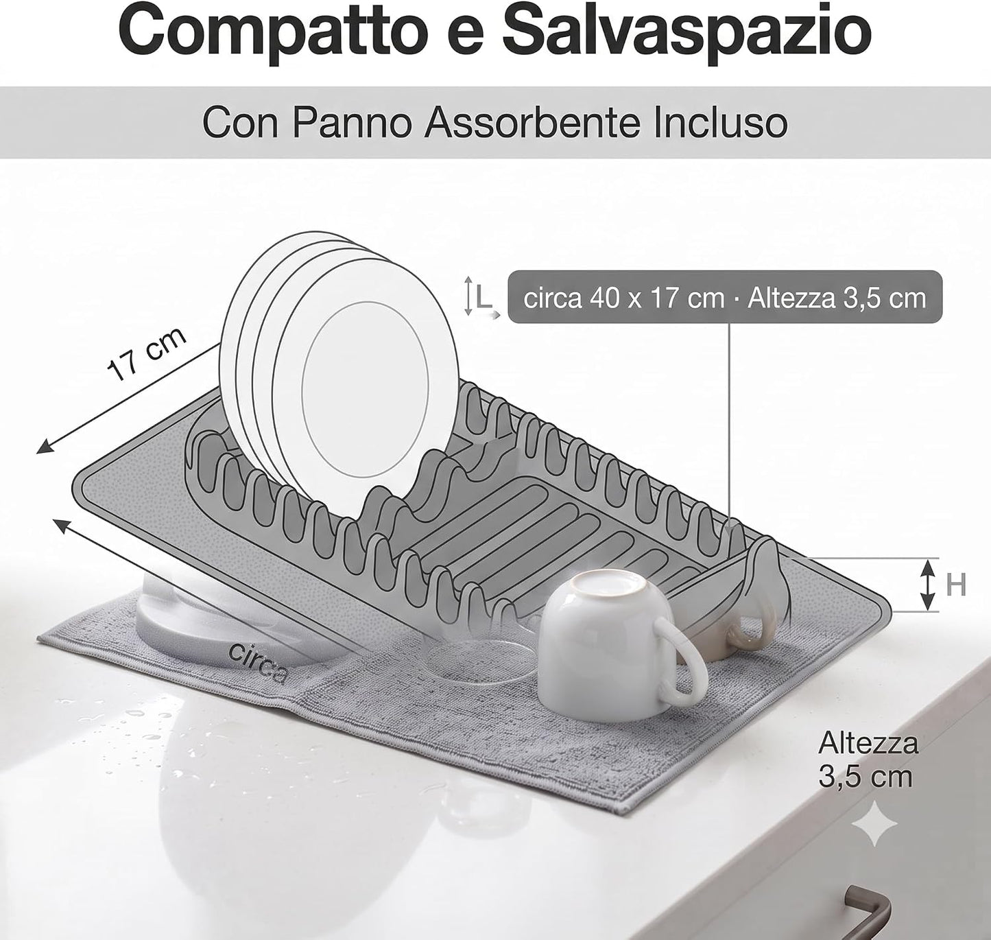 Scolapiatti Compatto Grigio con Tappetino Assorbente in Microfibra – Scolapiatti da Appoggio Salvaspazio con Porta Bicchieri – Asciuga Piatti in Verticale Tazze e Bicchieri – per Cucina
