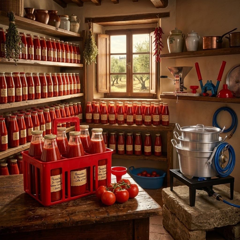 Kit Passata di Pomodoro con Fornellone a Gas 40x40 — 3 Caldaie con Coperchi, Tappatrice Tappi Corona, Imbuto, Cestello, Bagnarola, Fornello 8,5 kW con Tubo Gas 2 m, Regolatore, 2 Fascette