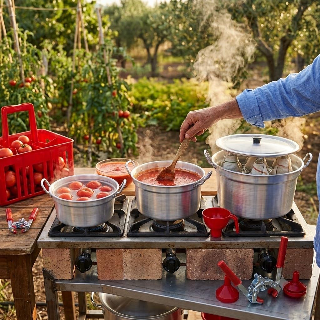 Kit Passata della Nonna Completo — Passapomodoro Gigante con Ventosa, 3 Caldaie Alluminio 20/24/28 con Coperchi, Tappatrice Tappi Corona, Imbuto, Cestello Portabottiglie e Bagnarola — 12 Pezzi