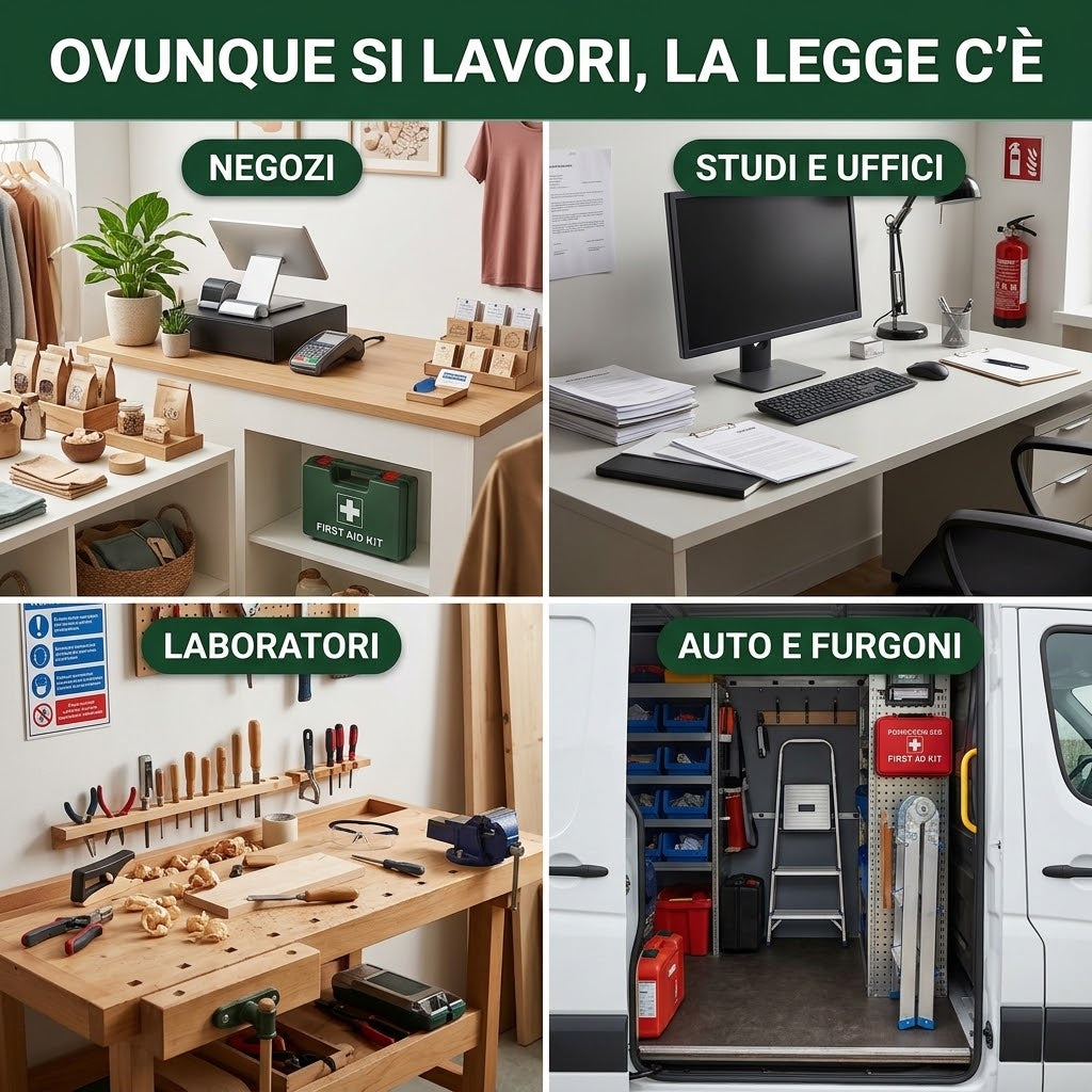 Immagine che mostra diverse situazioni lavorative con kit primo soccorso per aziende e lavoratori.