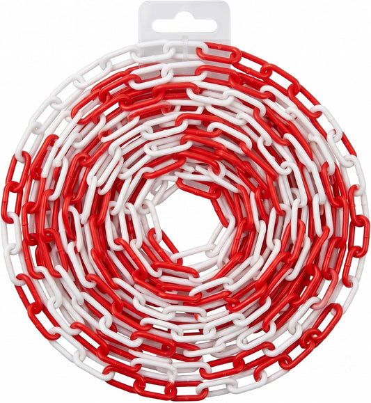 Rotolo di catena segnaletica in plastica bianca e rossa da 5m per delimitazione di aree e parcheggi.
